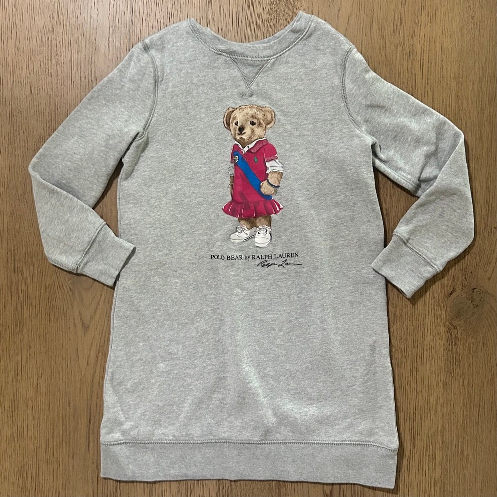 Girls Polo Ralph Lauren Polo Bear Sweatshirt Dress Size Medium 8-10 Gray